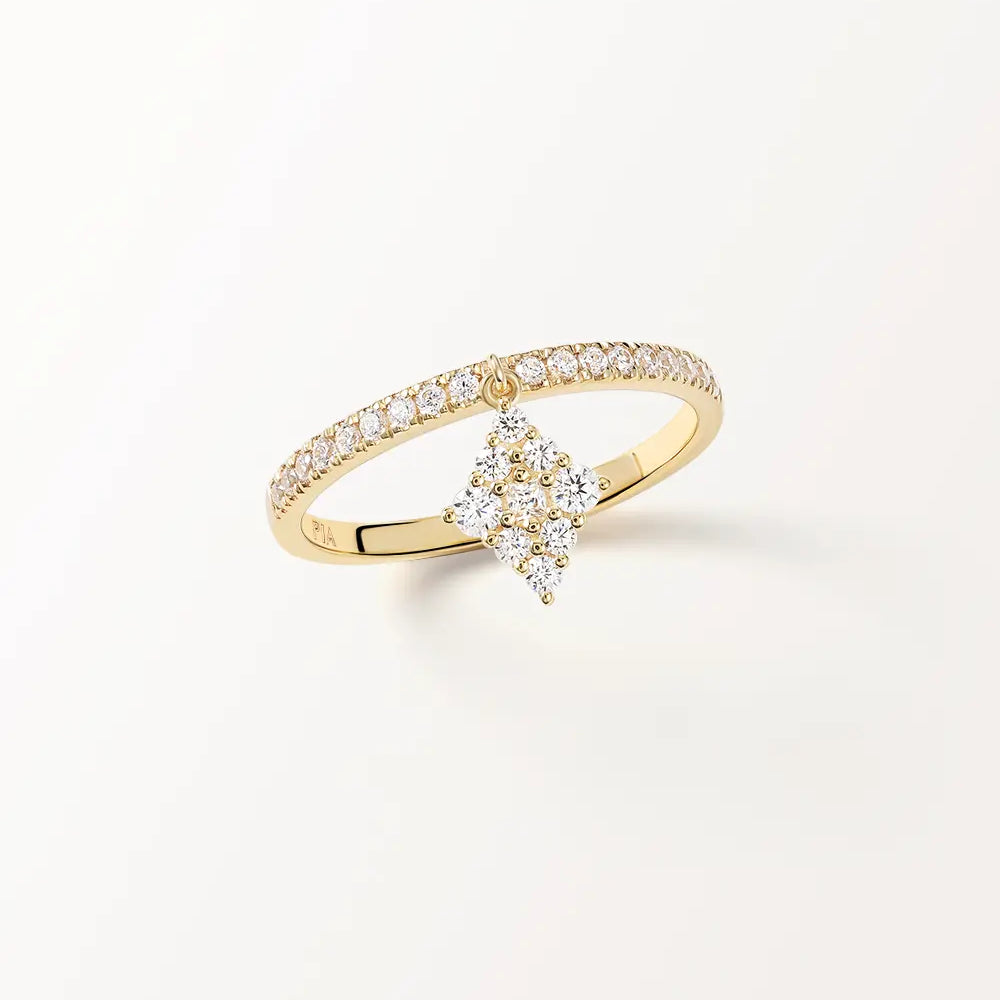 Bague Miroir Pendante en or jaune, losange de pierres rondes suspendu à un anneau serti, vue de face