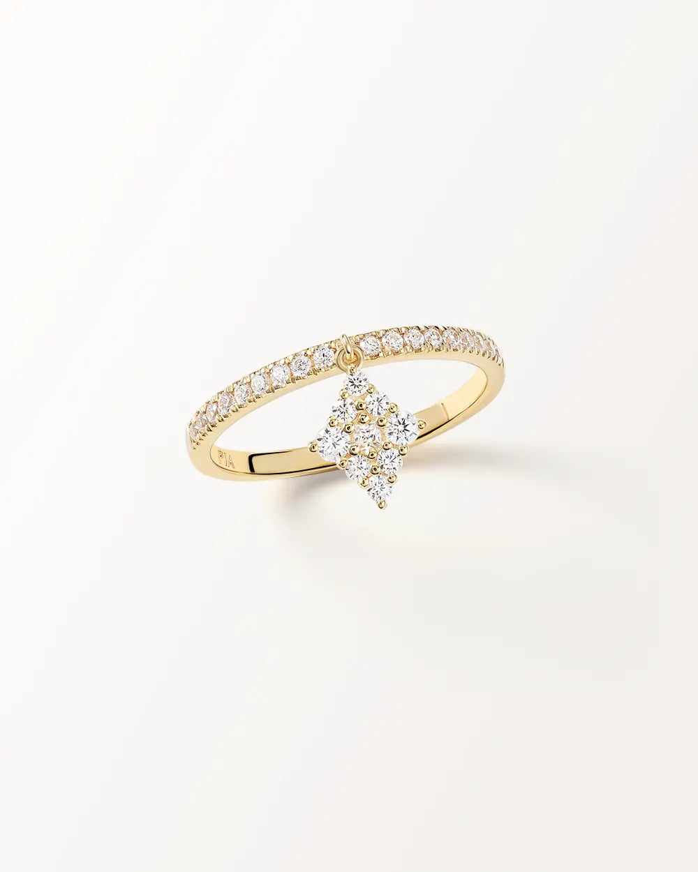 Bague Miroir Pendante en or jaune, losange de pierres rondes suspendu à un anneau serti, vue de face