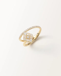 Bague Miroir en or jaune, losange de pierres rondes et baguettes entre deux anneaux, vue de face