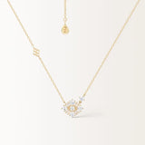 Collier Miroir en or jaune, losange de pierres rondes et baguettes sur chaîne ajustable, vue de face