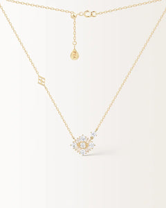 Collier Miroir en or jaune, losange de pierres rondes et baguettes sur chaîne ajustable, vue de face