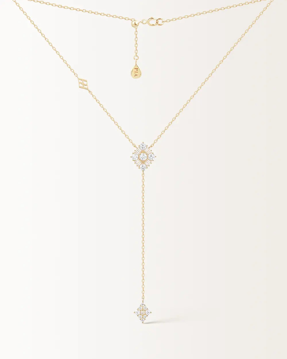 Collier Miroir Pendant en or jaune, deux losanges de pierres serties reliés par un fil d'or, vue de face