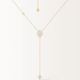 Collier Miroir Pendant en or jaune, deux losanges de pierres serties reliés par un fil d'or, vue de face
