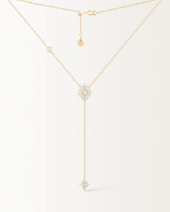 Collier Miroir Pendant en or jaune, deux losanges de pierres serties reliés par un fil d'or, vue de face