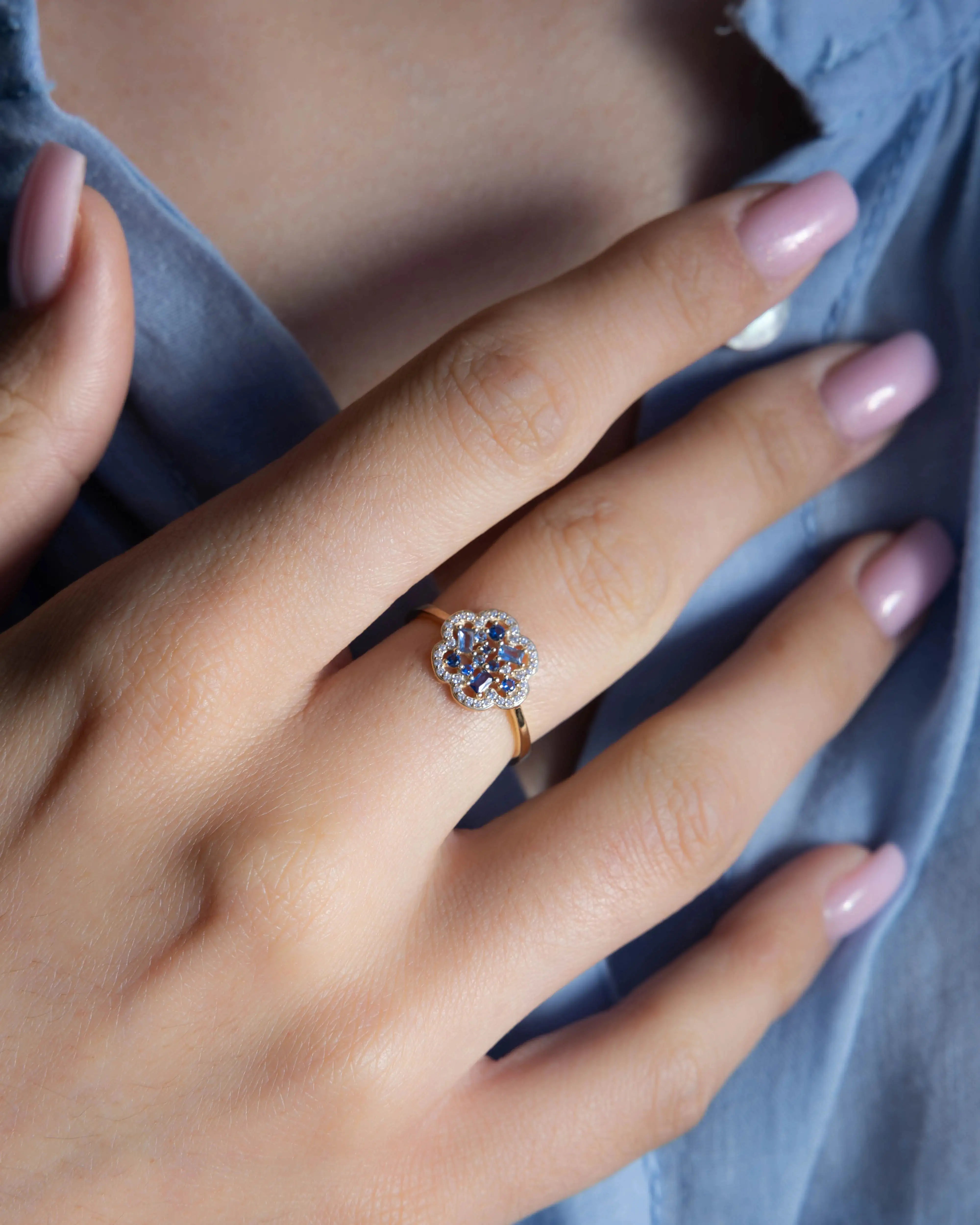 Bague Baby Flora Bleue en or jaune 